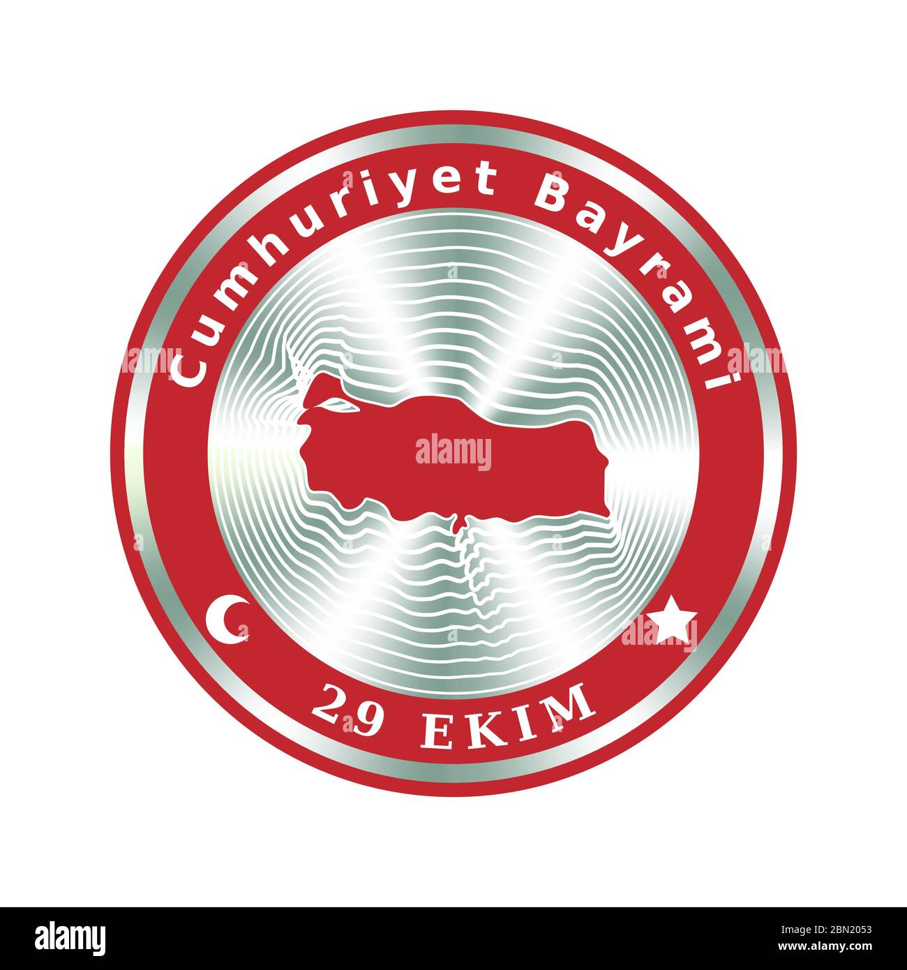 Cumhuriyet Bayrami, 29 ekim. 29 ottobre Repubblica giorno della Turchia. Icona o distintivo di evento con mappa, bandiera e design olografico in argento per Turkish National Illustrazione Vettoriale