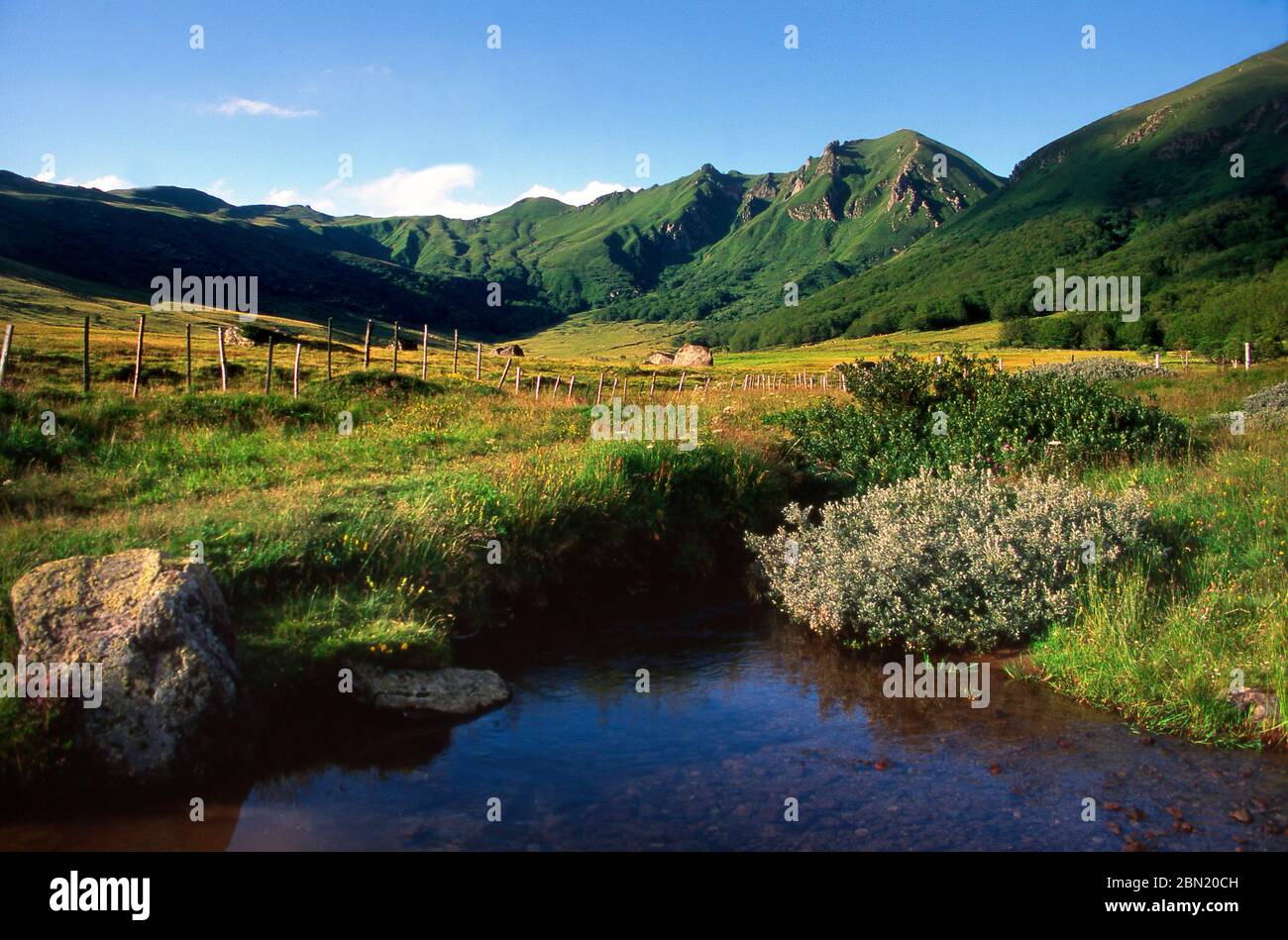 Valle di fontane di sale a Puy de Dôme. Massiccio del Sancy, Parco Naturale Regionale dei Vulcani d'Alvernia. Auvergne-Rodano-Alpi. Francia. Foto Stock