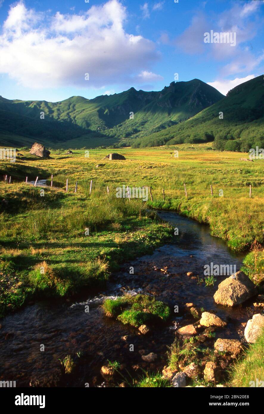 Valle di fontane di sale a Puy de Dôme. Massiccio del Sancy, Parco Naturale Regionale dei Vulcani d'Alvernia. Auvergne-Rodano-Alpi. Francia. Foto Stock