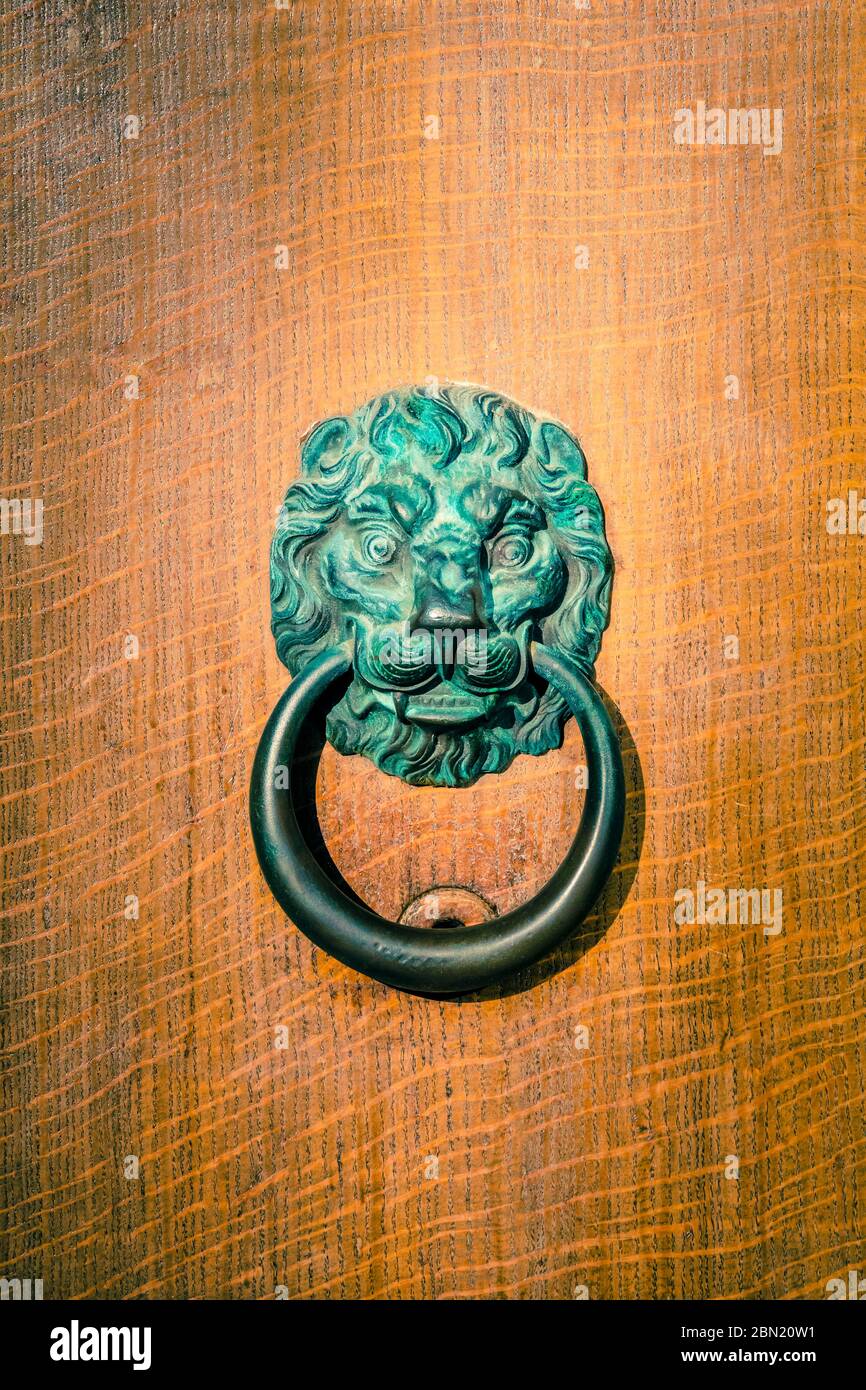 Bronzo Lions battente testa porta coperto di verdigris Foto Stock