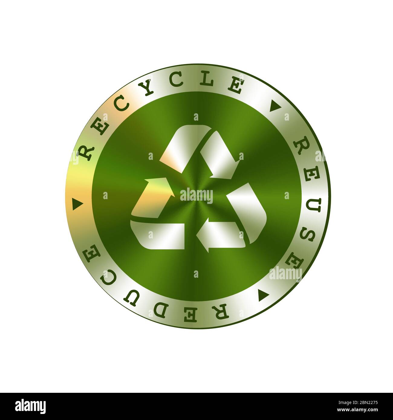 Riciclare, riutilizzare, ridurre il badge vettoriale rotondo in metallo verde. Simbolo di riciclaggio frecce, badge Illustrazione Vettoriale