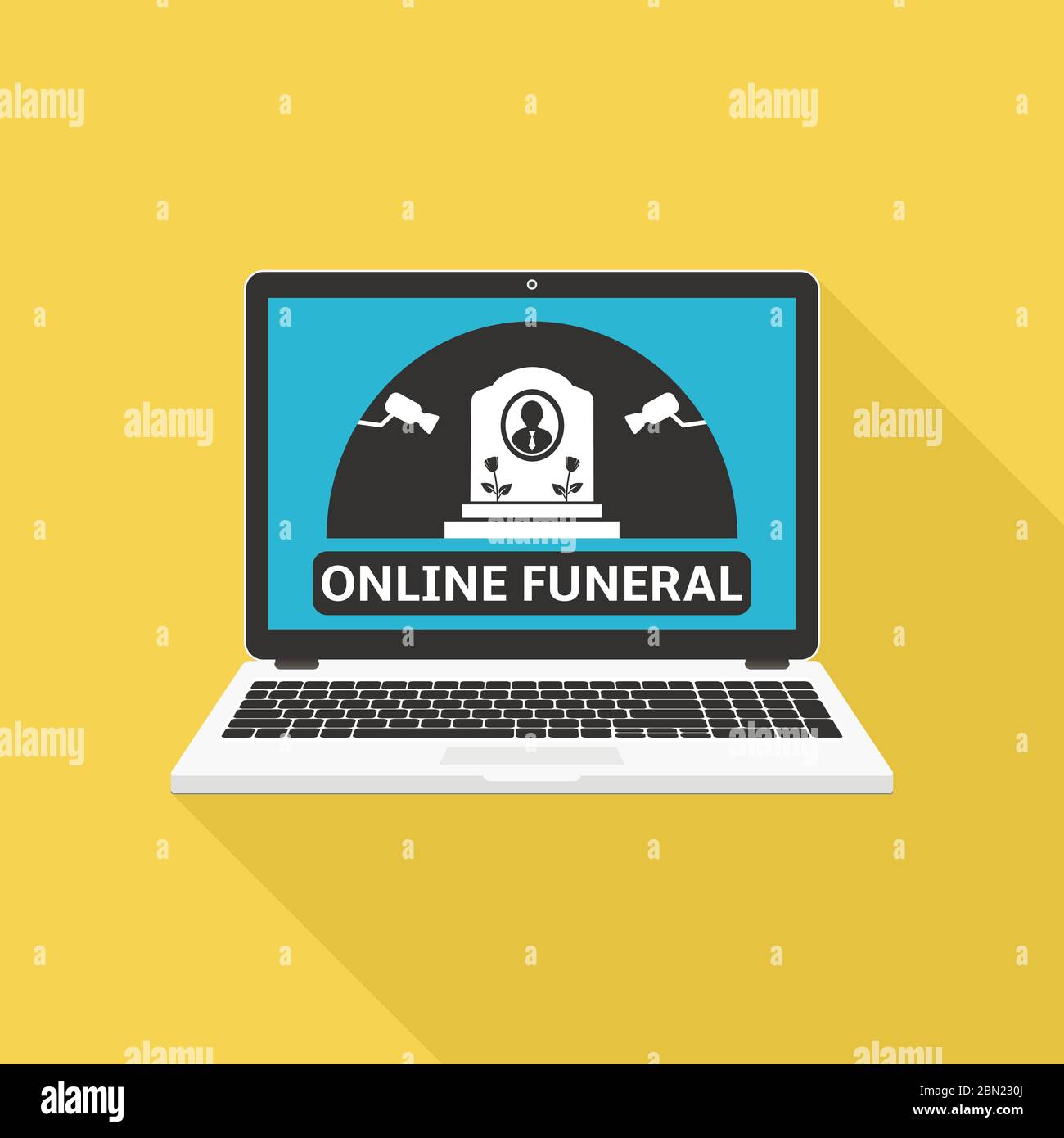 Trasmissione online di un funerale su uno schermo di un notebook, disegno piatto illustrazione Illustrazione Vettoriale