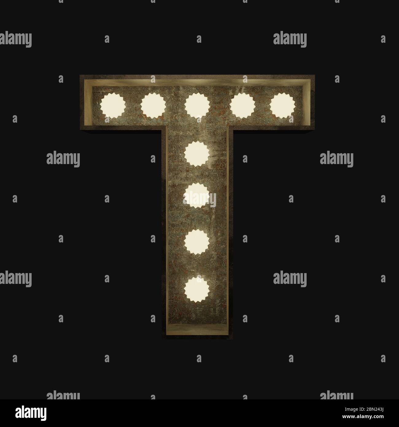 Lettera di metallo T con piccole lampade su sfondo scuro, rendering 3d Foto Stock