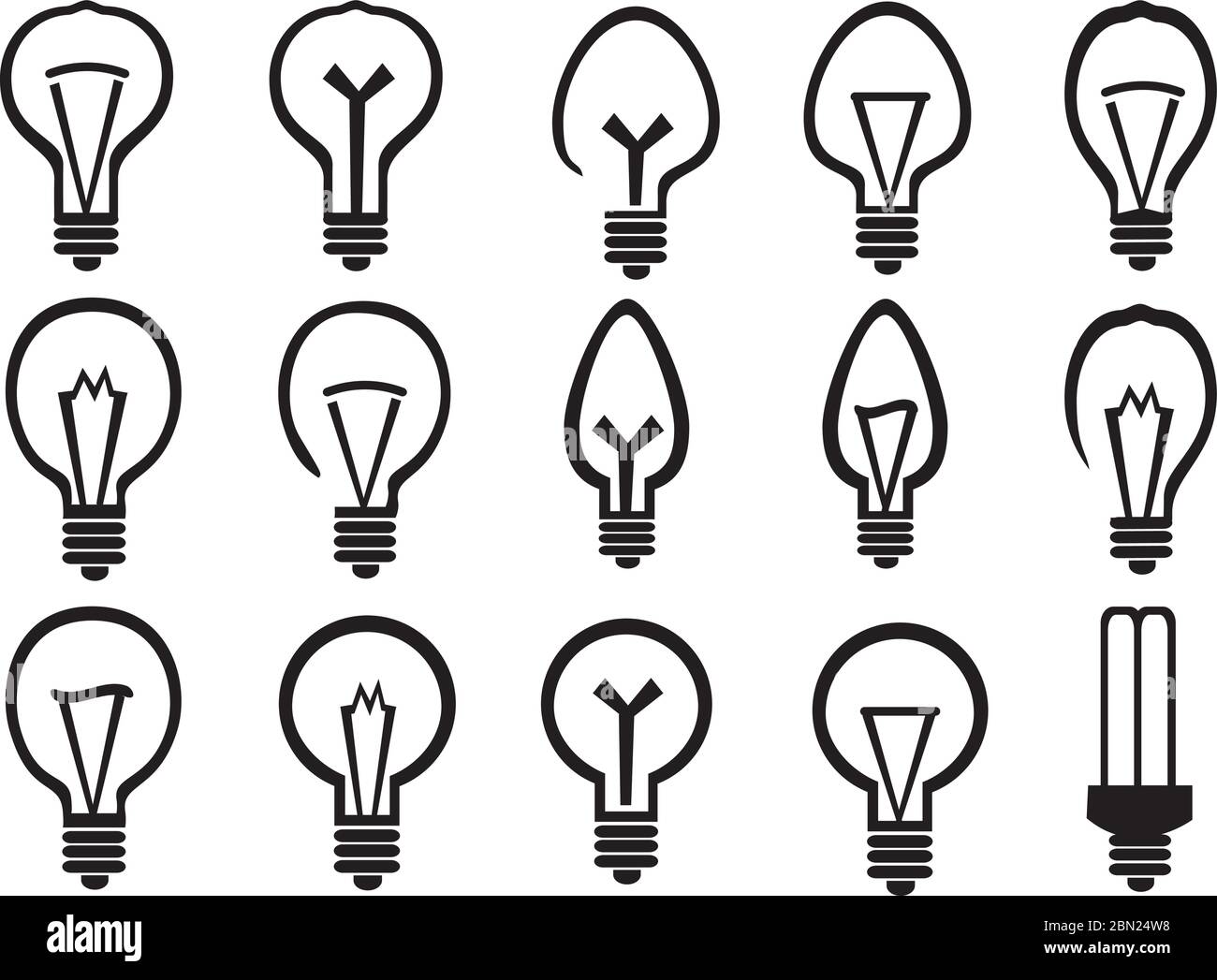 Set di illustrazioni vettoriali minimaliste in bianco e nero di lampadine, simbolismo per idee brillanti, isolate su sfondo bianco. Illustrazione Vettoriale