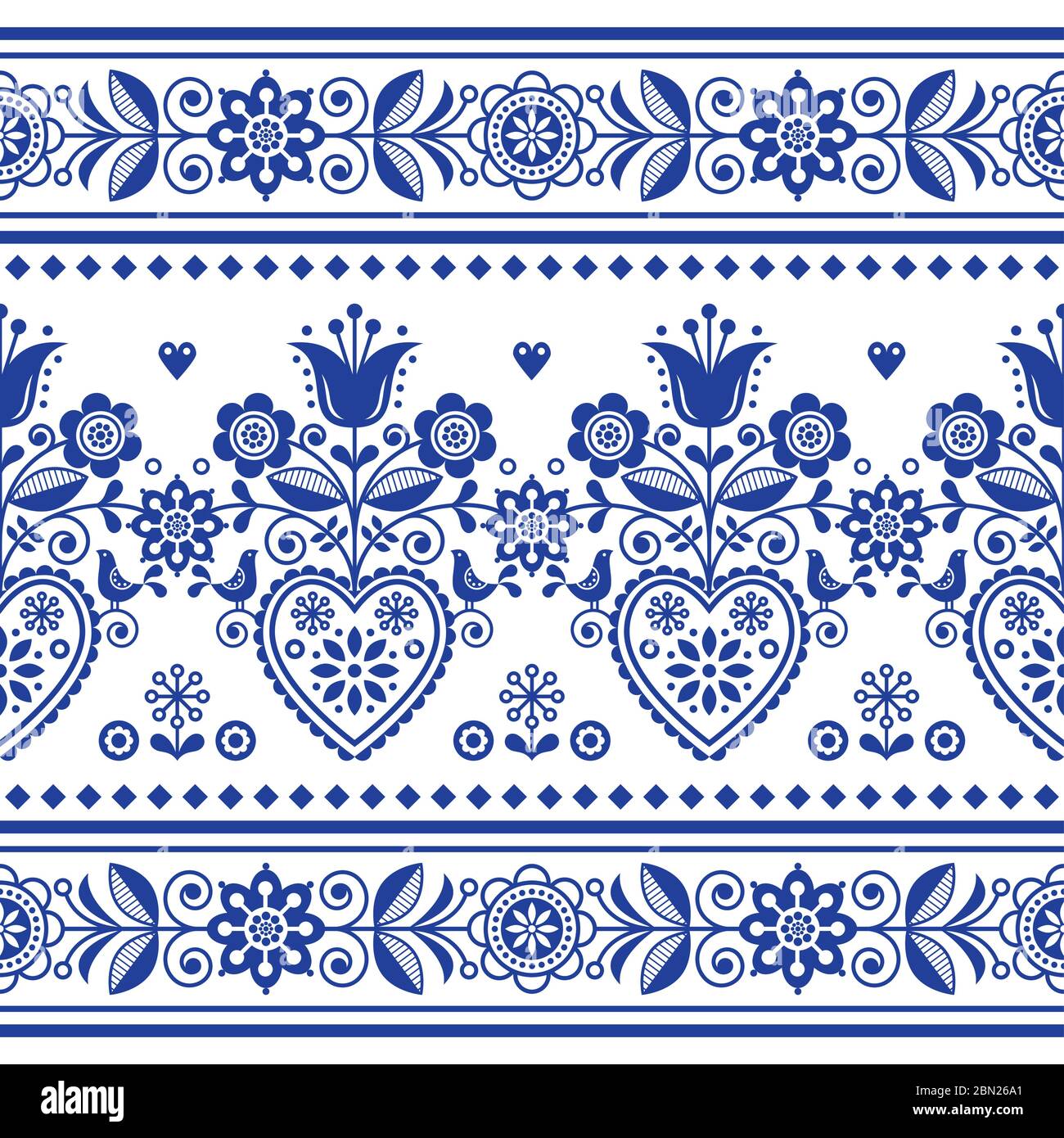 Stile scandinavo motivo vettoriale senza cuciture con fiori, arte folcloristica nordica ornamento nero e bianco ripetitivo - righe orizzontali retro floreale mono Illustrazione Vettoriale