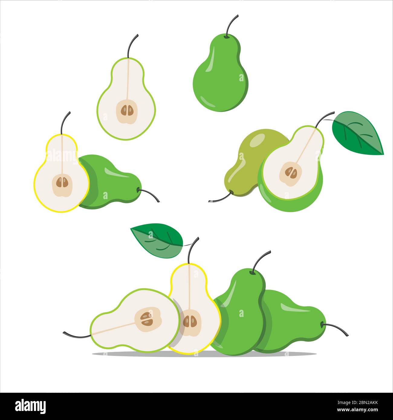 Pere vettoriali. Frutta verde tagliata di pera, raccolta di illustrazioni vettoriali Illustrazione Vettoriale
