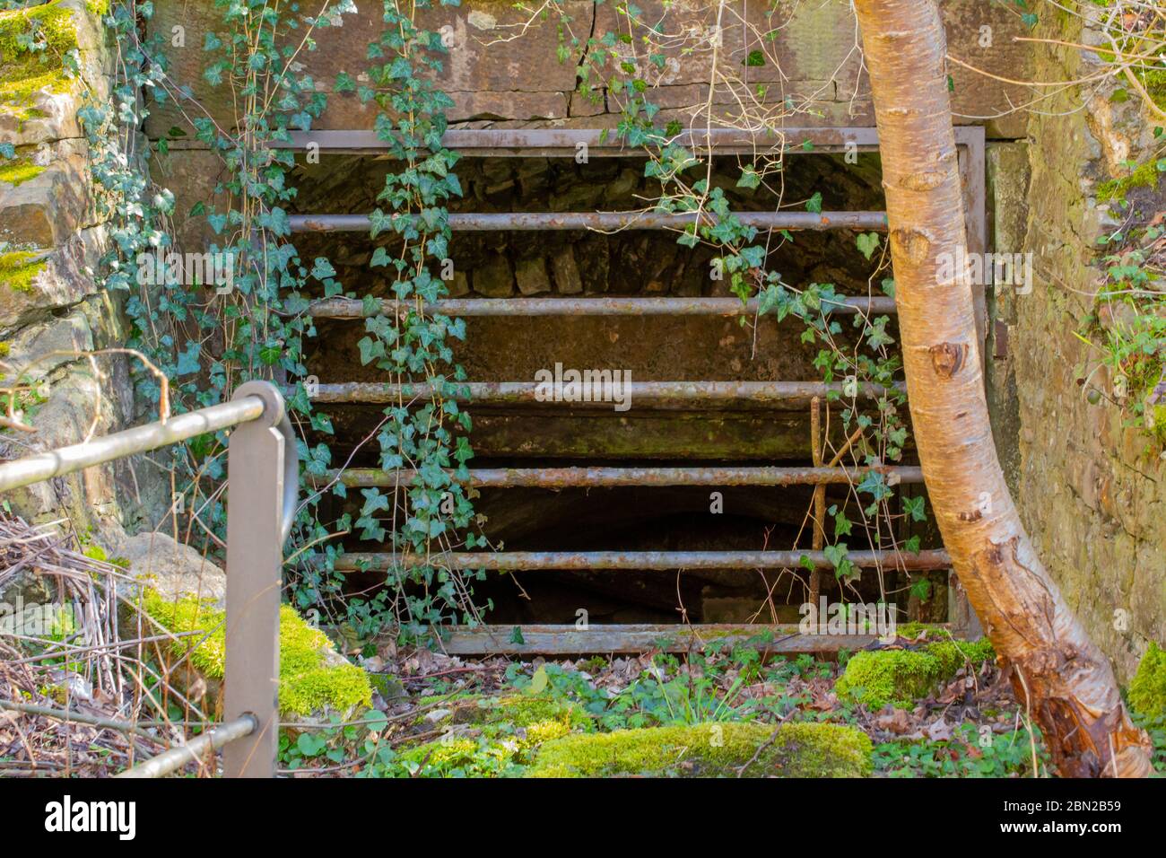 Ingresso di un vecchio bunker abbandonato costruito sul lato di una collina con barre d'acciaio all'ingresso per tenere le persone fuori Foto Stock