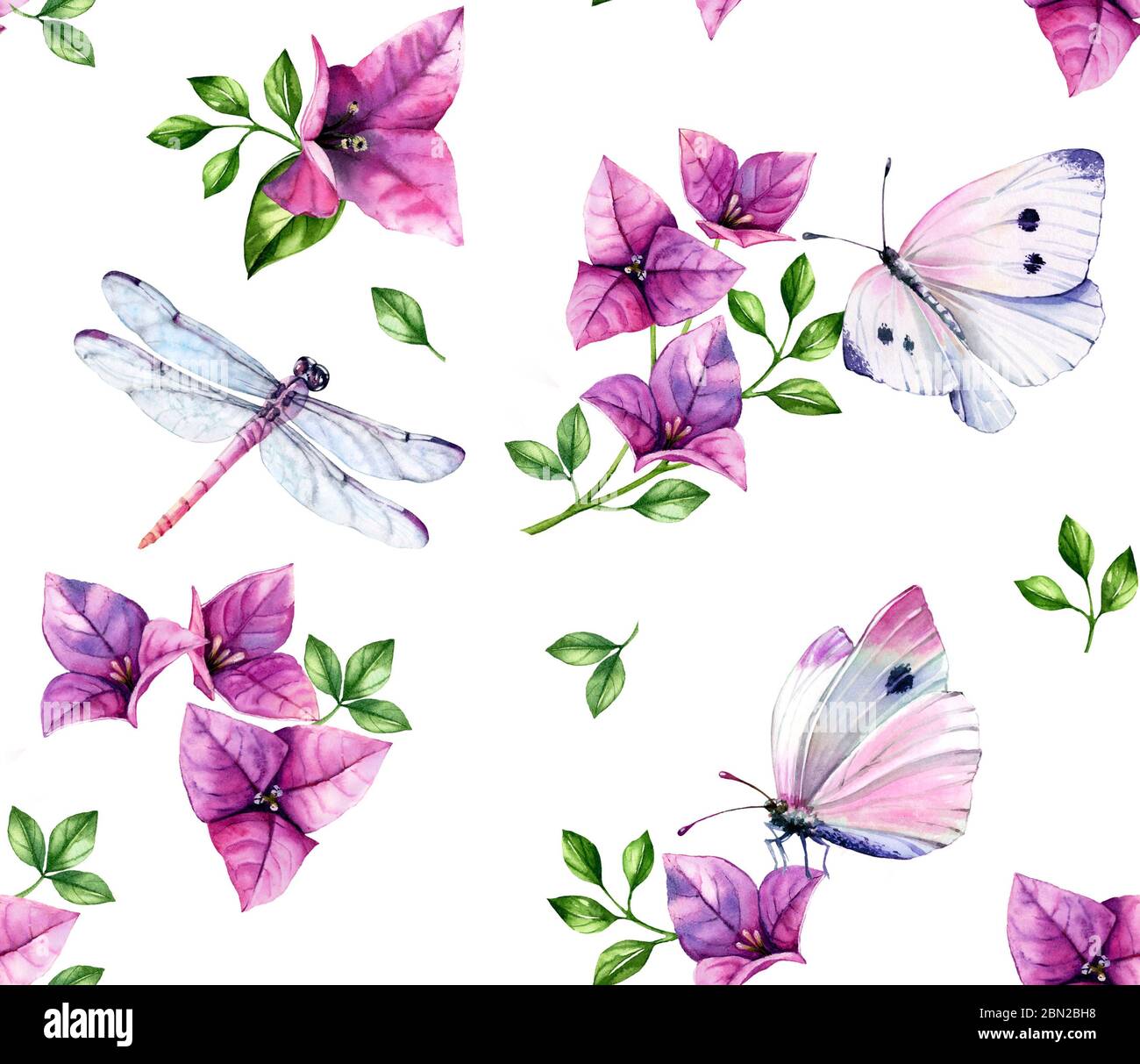 Motivo floreale senza cuciture acquerello. Fiori di albero di bougainvillea rosa, farfalle, libellule isolano su bianco. Sfondo estivo disegnato a mano botanico Foto Stock