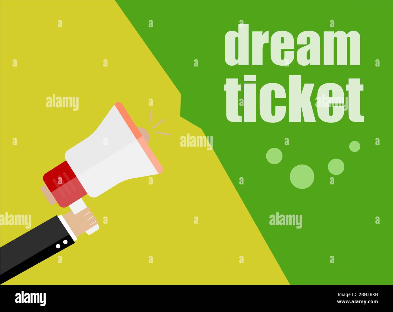 biglietto da sogno. concetto di business design flat. Uomo d'affari di marketing digitale che tiene megaphone per il Web site e banner di promozione. Foto Stock