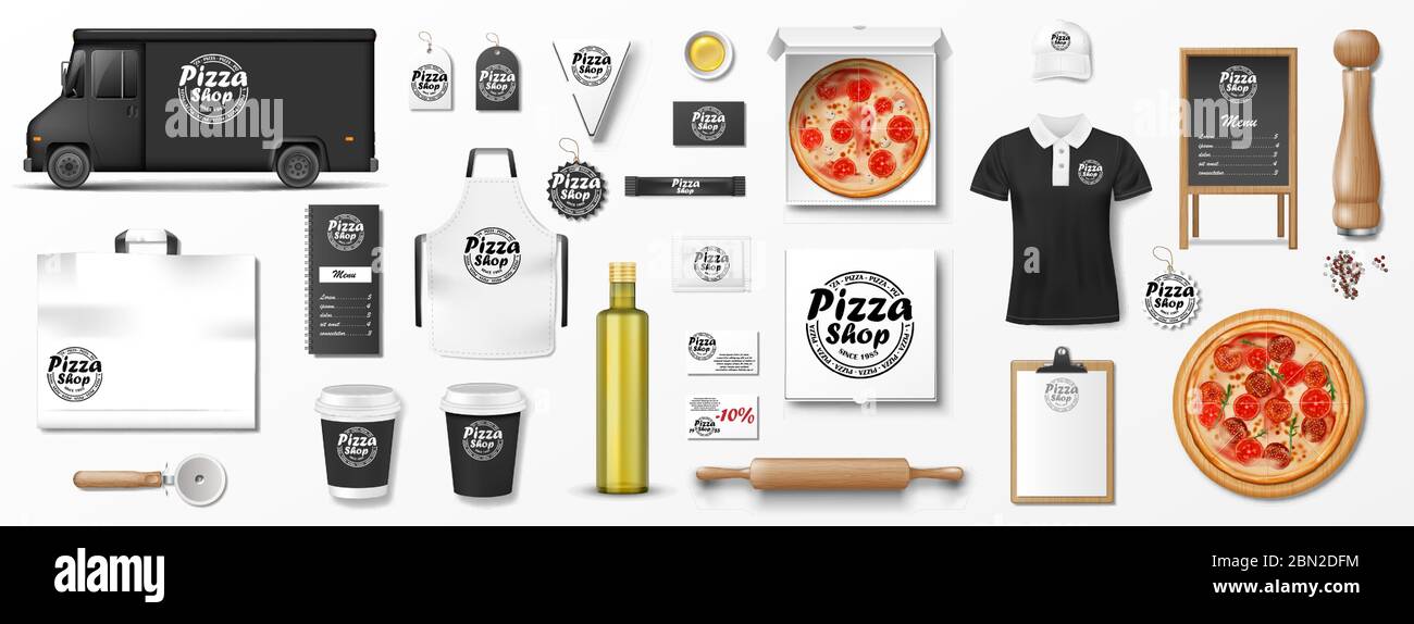 Mockup per pizzeria, caffè o ristorante. Set realistico di consegna pizzeria camion, uniforme, scatola per pizza, menu, cartone. Pizza Illustrazione Vettoriale
