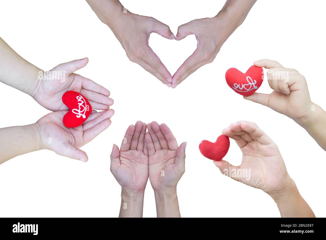 Set di cuore in mano diversa isolato su sfondo bianco. Oggetto con tracciato di ritaglio Foto Stock