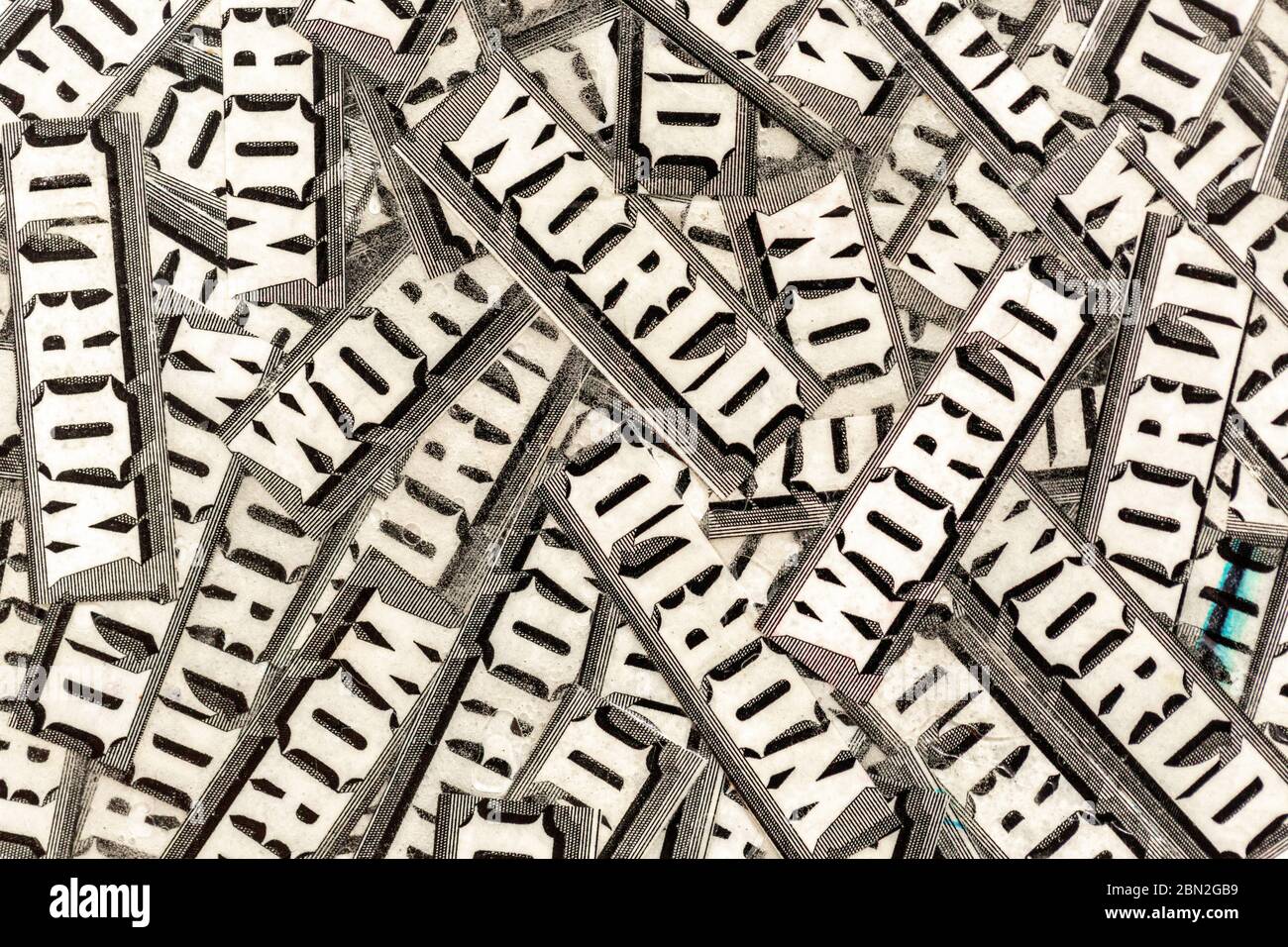 La parola, mondo in nero e bianco in collage Foto Stock