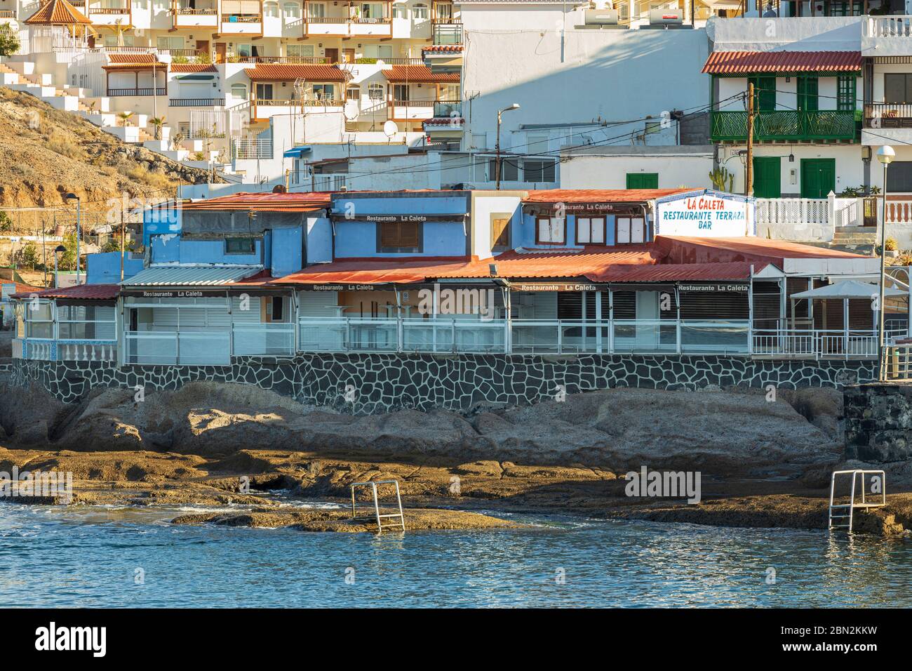 Ristoranti e tapas bar sulla costa a la Caleta, Costa Adeje, Tenerife, Isole Canarie, Spagna Foto Stock