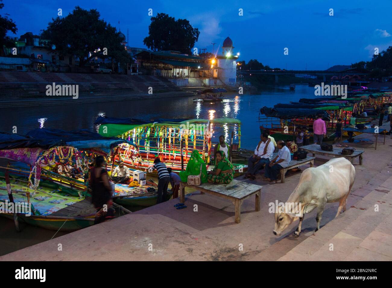 Chitrakoot, Madhya Pradesh, India : UNA mucca cammina davanti a persone sedute di notte dalle barche colorate che si allineano vicino ai gradini di Ramphat sul Mandakini Foto Stock