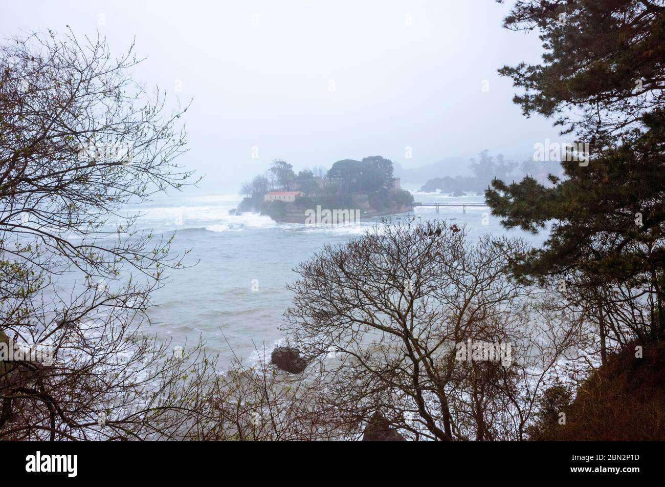 Oleiros, provincia di Coruña, Galizia, Spagna - 11 febbraio 2020 : Castello di Santa Cruz sull'isolotto di Santa Cristina in una serata invernale nebbiosa. Foto Stock