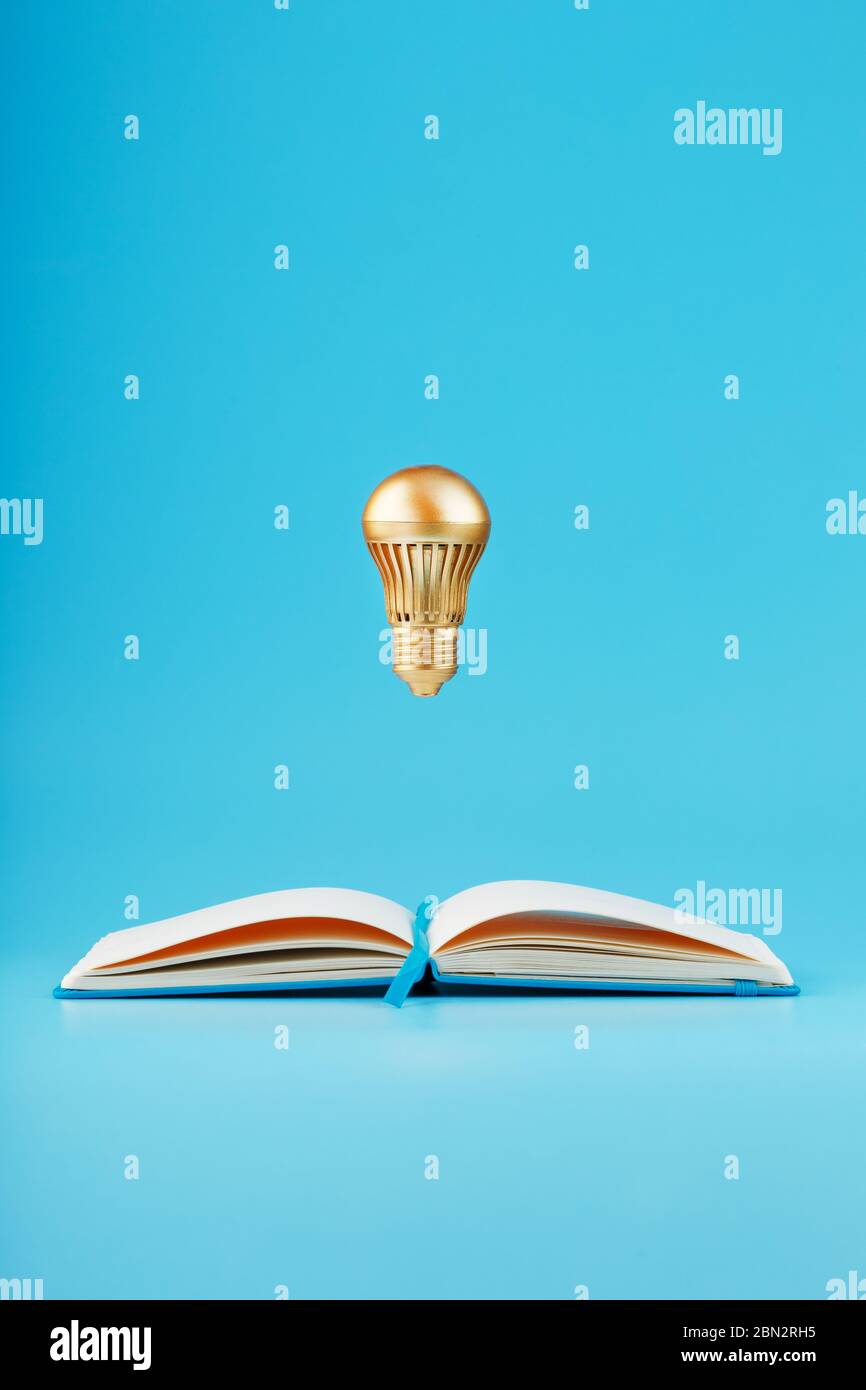 Una lampadina di colore oro si trova sopra le pagine vuote di un notebook su uno sfondo blu. Concetto dell'idea. Minimalismo, isolato. Foto Stock