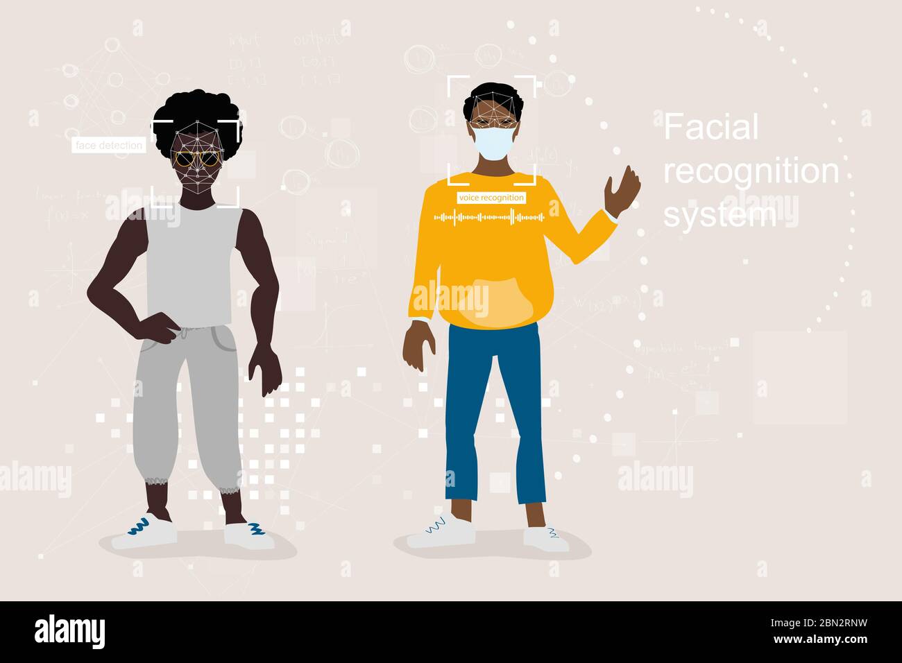 Riconoscimento facciale in maschera medica, problemi di visione informatica in una moderna megalopoli durante il periodo di pericolo epidemiologico. L'uomo in una maschera. Illustrazione Vettoriale