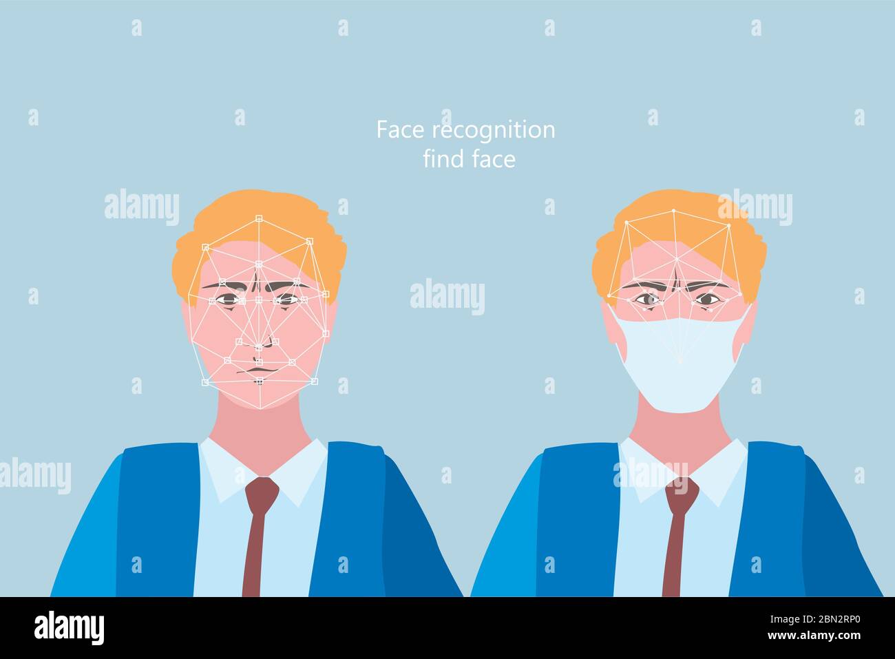 Riconoscimento facciale in maschera medica, problemi di visione informatica in una moderna megalopoli durante il periodo di pericolo epidemiologico. L'uomo in una maschera. Illustrazione Vettoriale