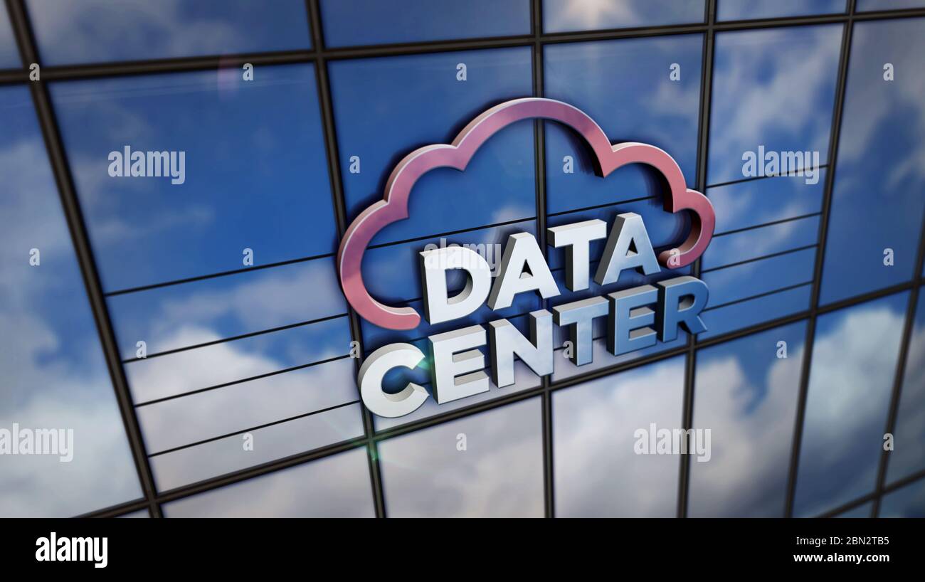 Data center con edificio in vetro con simbolo cloud. Concetto di tecnologia di server, cloud, rete di computer, computing, database e Internet, rendering 3D illust Foto Stock