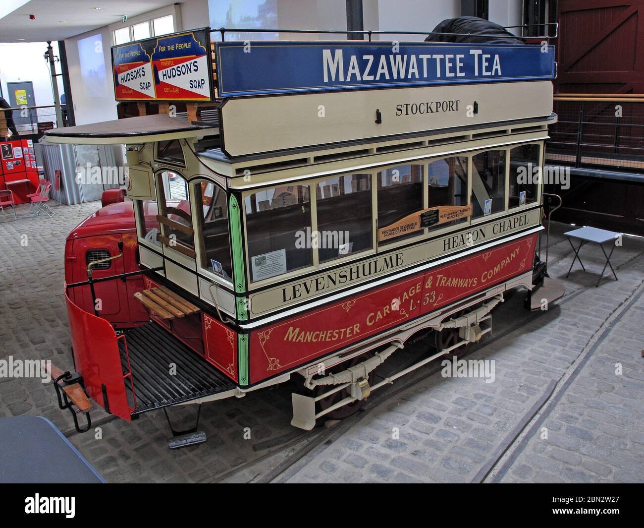 Levenshulme Tram, Heaton Chapel, Stockport, 192,192 autobus, 192 tram, Mazawattee tè, Hudsons sapone, Manchester Carriage & Tramways Company Foto Stock