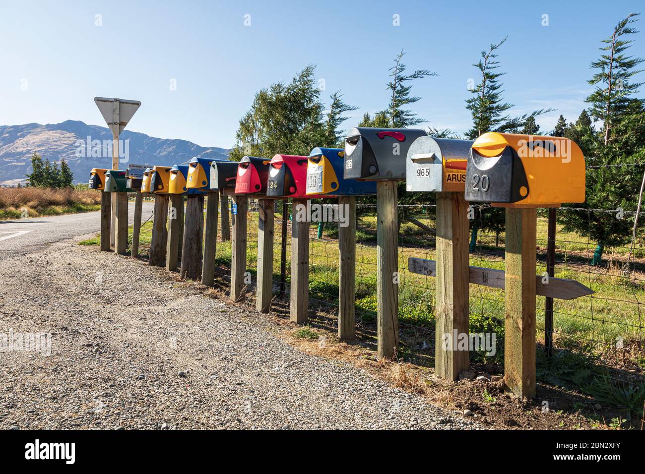 Caselle di lettera rurali vicino a Albert Town, Otago, South Island, Nuova Zelanda Foto Stock