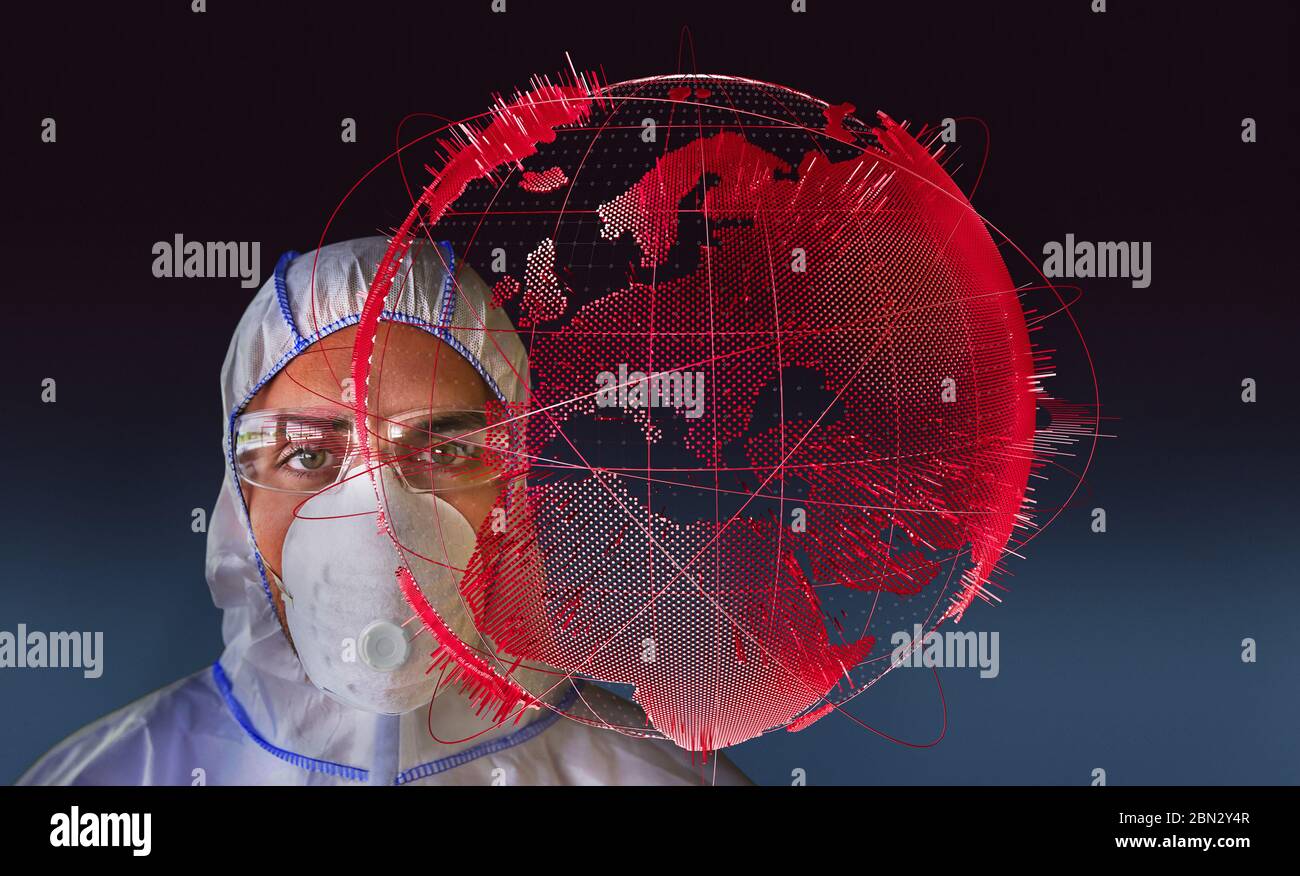 Ritratto scienziato maschile in maschera di influenza accanto a pandemia epidemia globo Foto Stock
