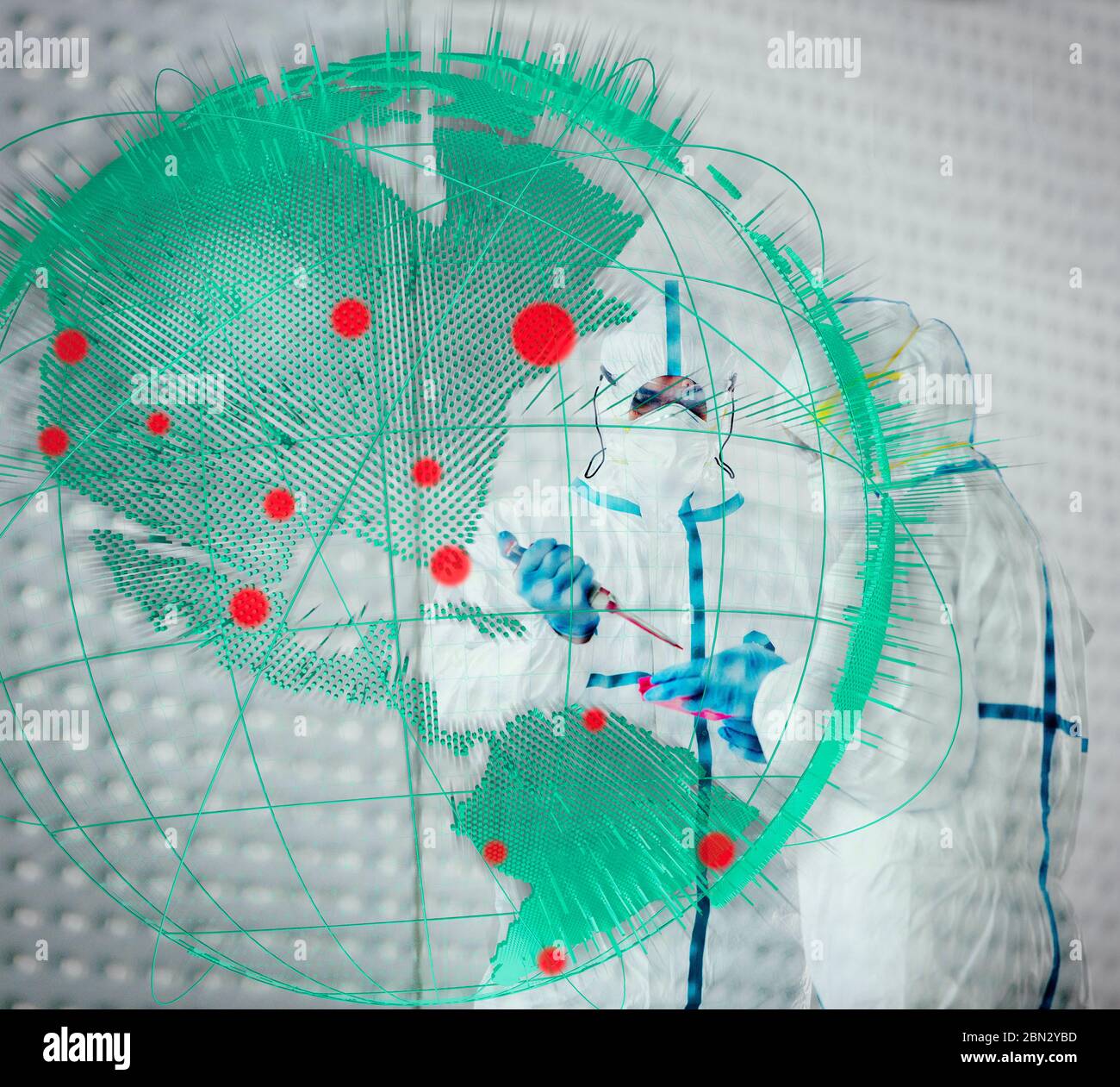 Scienziati in tute pulite che ricercano la pandemia globale del coronavirus Foto Stock