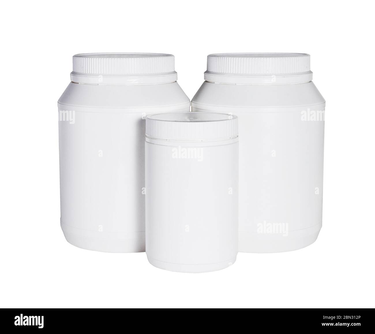 Tre contenitori di plastica per alimenti per la salute su sfondo bianco Foto Stock