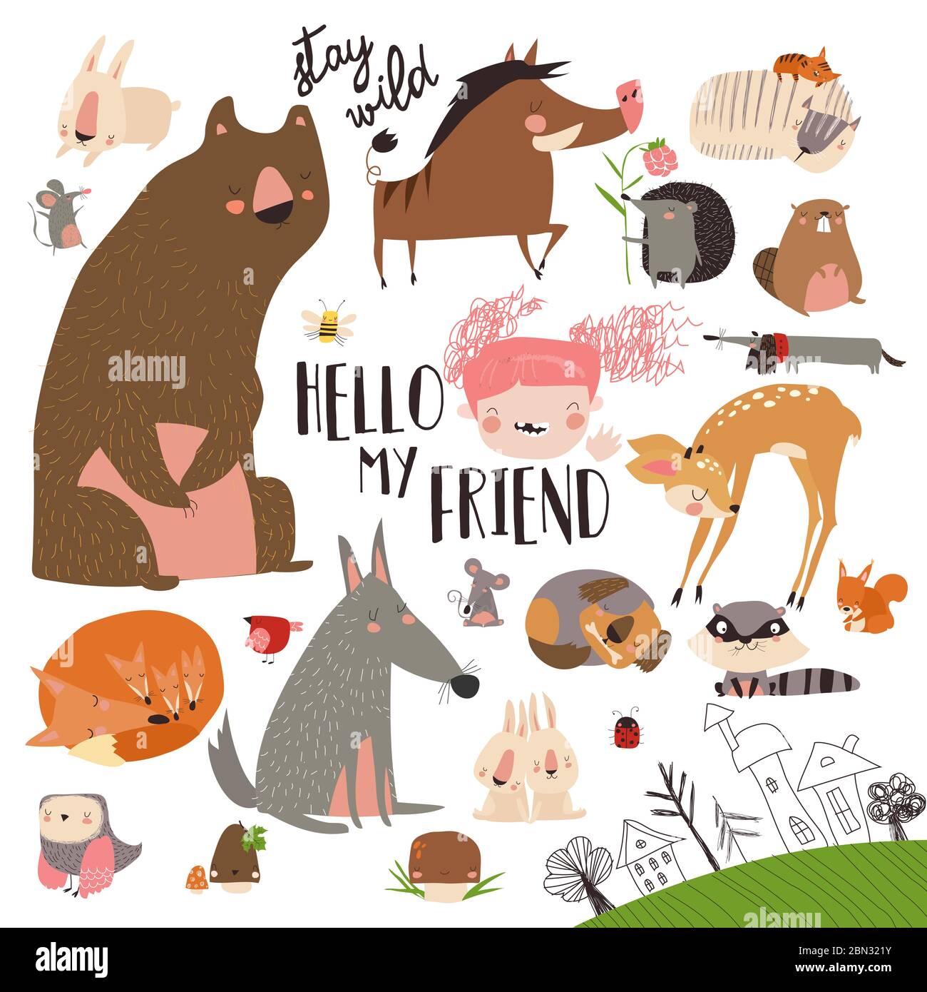 Set di animali selvatici carini nella foresta su sfondo bianco Illustrazione Vettoriale