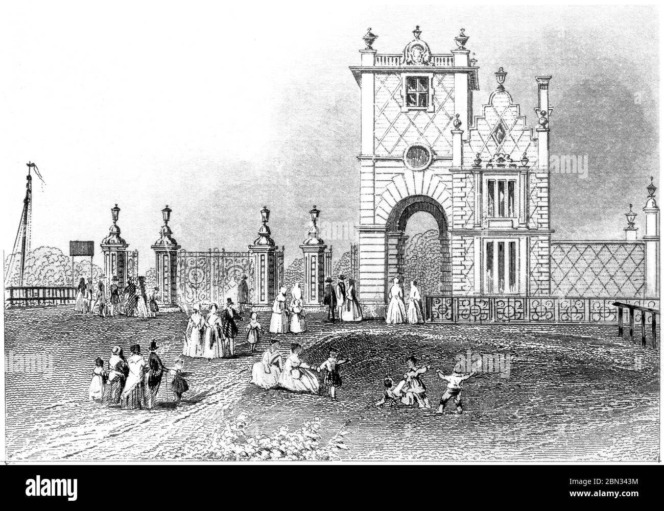 Un'incisione di New Lodge Victoria Park Bonners Fields scansionata ad alta risoluzione da un libro stampato nel 1851. Creduto libero di copyright. Foto Stock