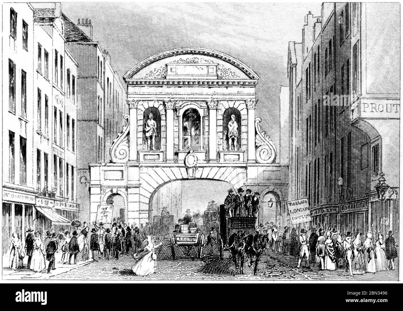 Un'incisione di Temple Bar London scansionata ad alta risoluzione da un libro stampato nel 1851. Questa immagine è ritenuta priva di tutti i diritti d'autore. Foto Stock