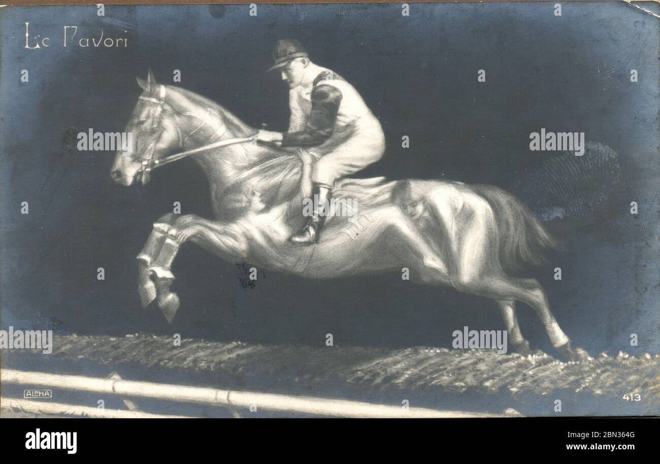 Cartolina fantasy francese intitolata il jockey preferito mostrando a cavallo con le giovani donne circa 1912 Foto Stock