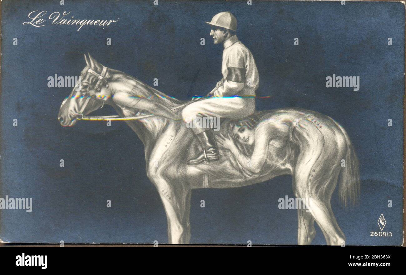 Cartolina fantasy francese intitolata il vincitore che mostra jockey a cavallo con le giovani Signore Foto Stock