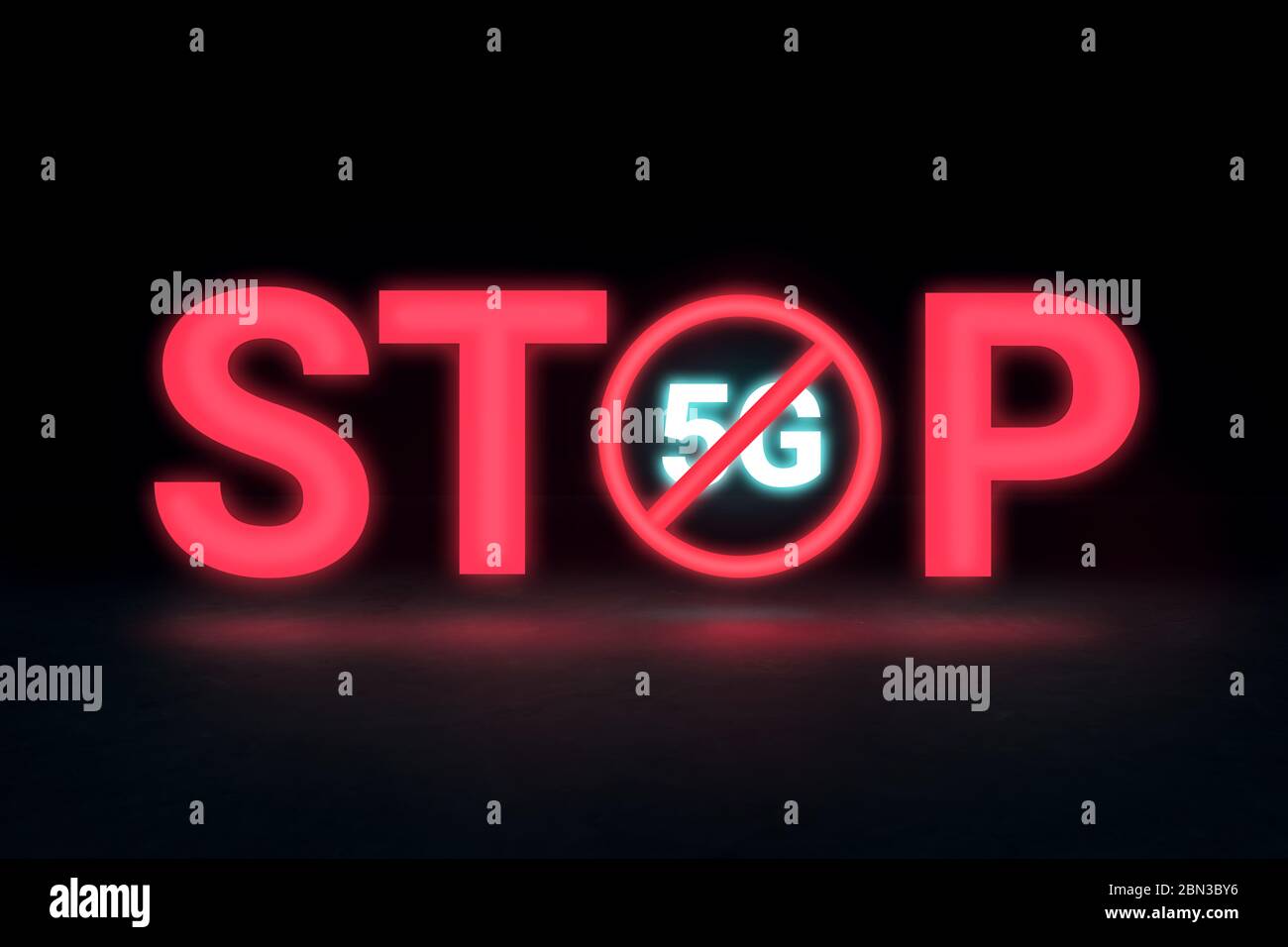 Illustrazione a stock del concetto STOP 5G, con parole illuminate in rosso isolate su uno sfondo scuro Foto Stock