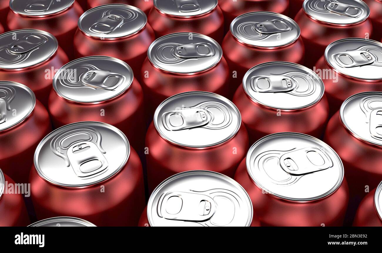 Una collezione di lattine rosse al termine di una linea di produzione industriale - rendering 3D Foto Stock