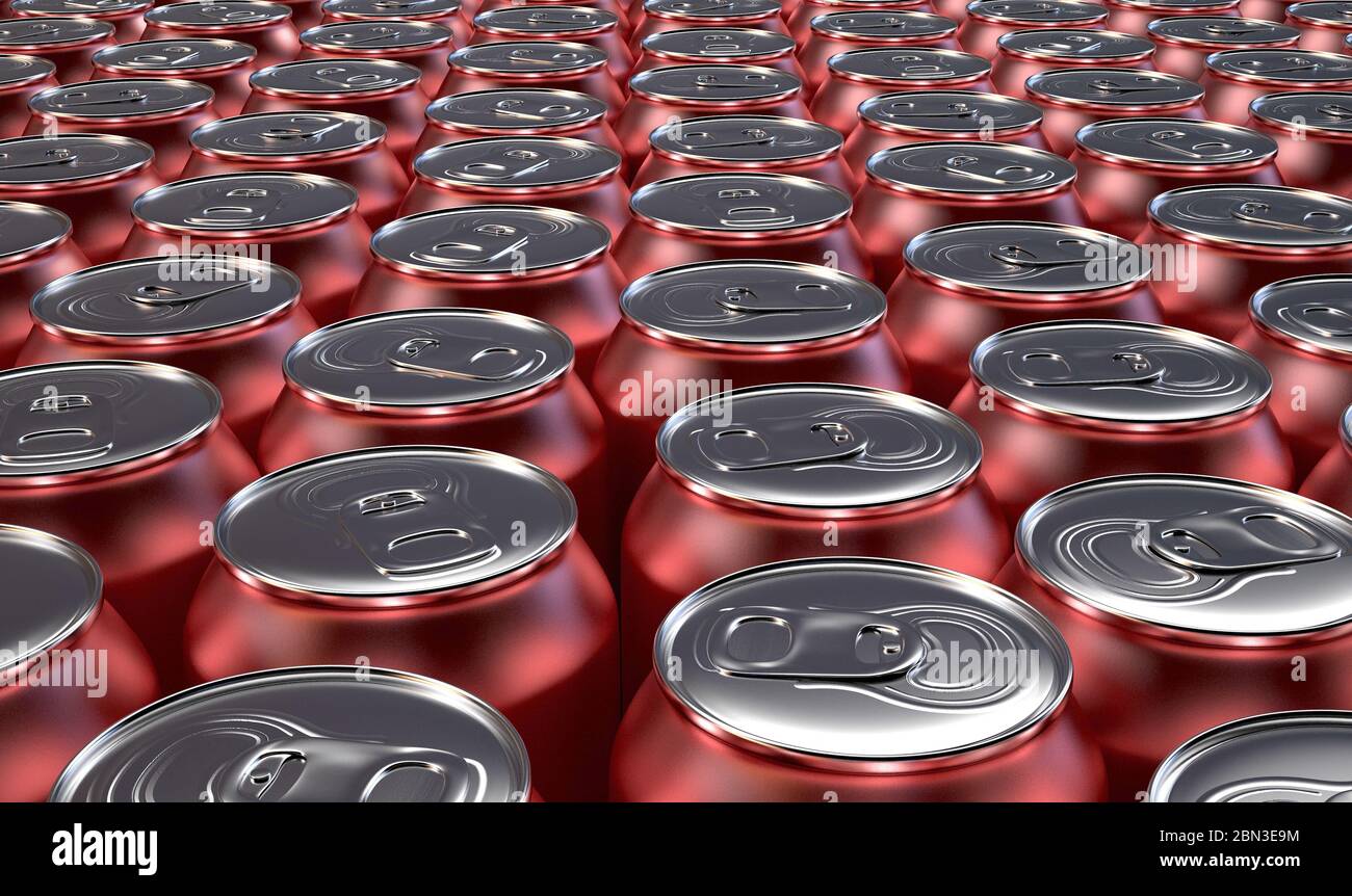 Una collezione di lattine rosse al termine di una linea di produzione industriale - rendering 3D Foto Stock