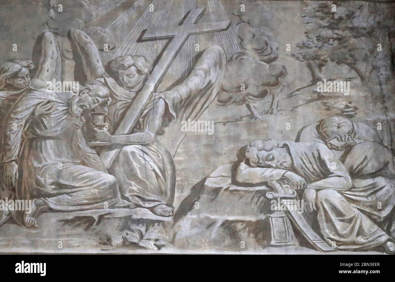 Cattedrale di Chambery. Dipinti a muro. Gesù pregava nel giardino del Getsemani dopo l'ultima cena, mentre i discepoli dormivano. Francia. Foto Stock