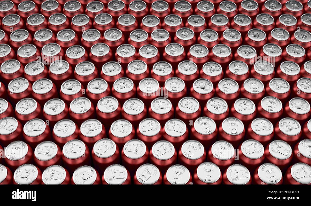 Una collezione di lattine rosse al termine di una linea di produzione industriale - rendering 3D Foto Stock