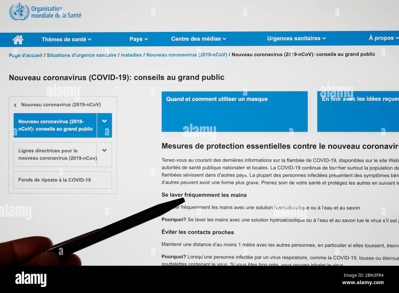 Epidemia di coronavirus (COVID-19). Sito web dell'Organizzazione mondiale della sanità ( OMS ). Foto Stock