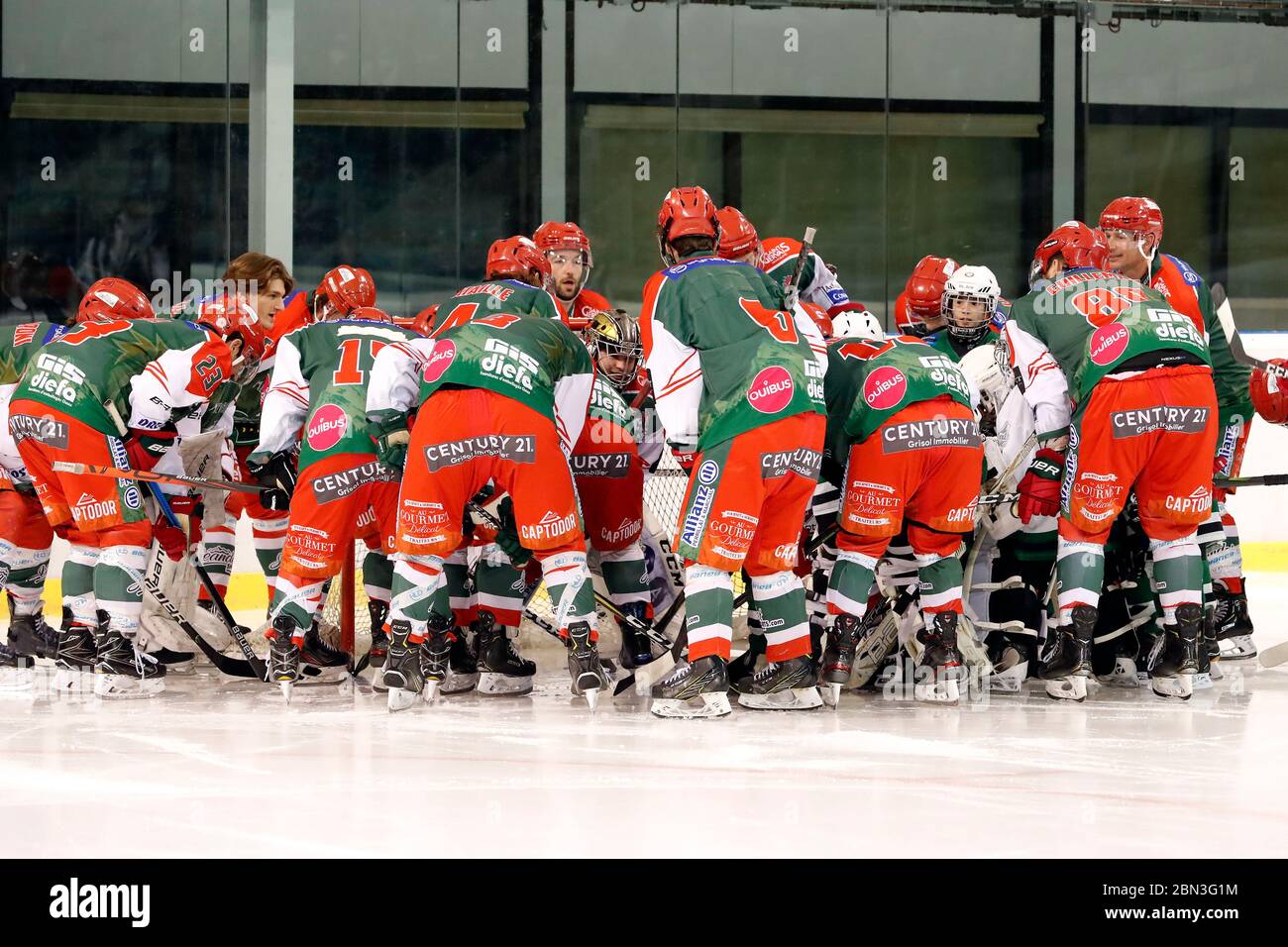 Partita di hockey su ghiaccio. Squadra di hockey. HC Mont-Blanc. Francia. Foto Stock