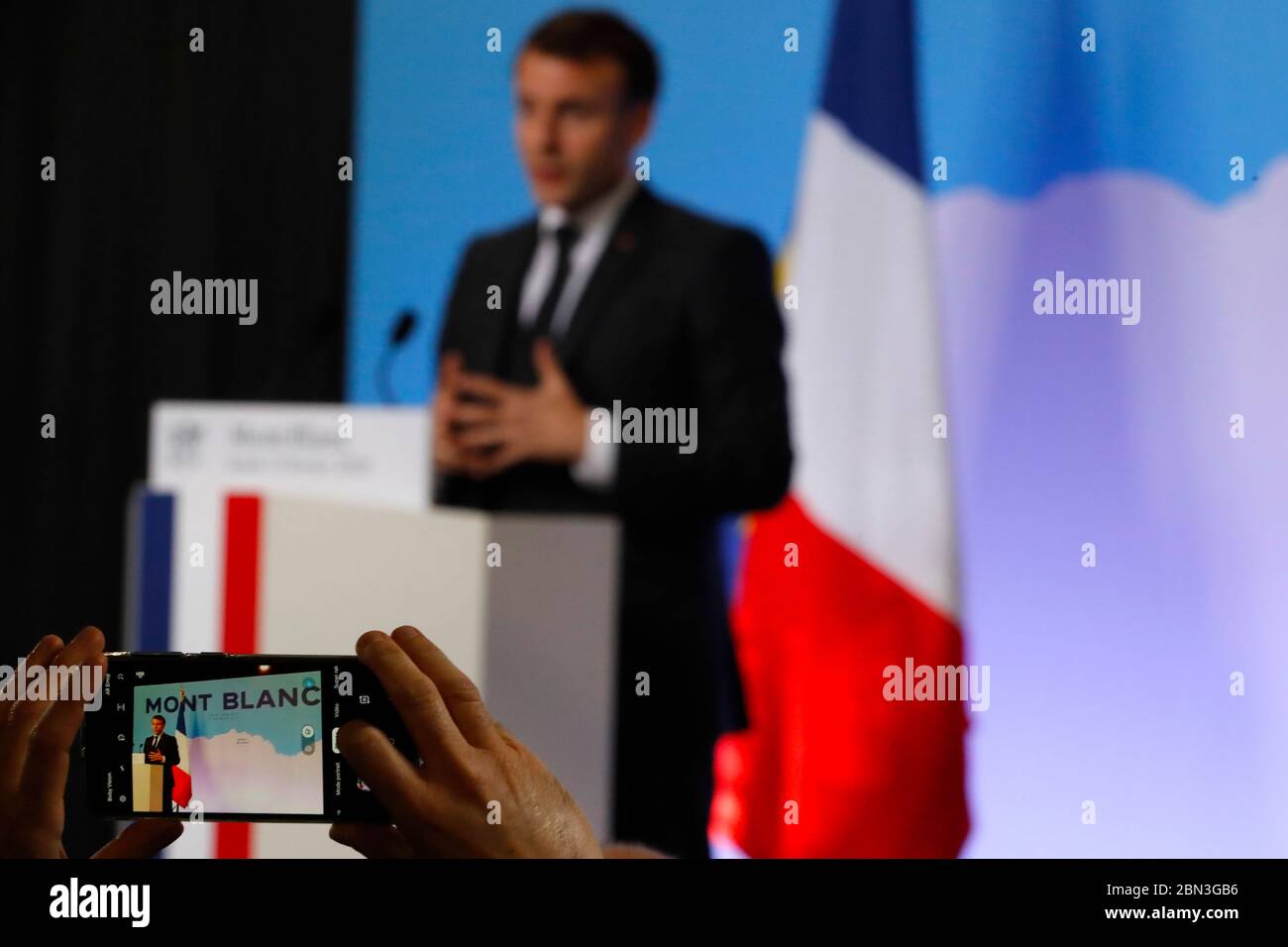 Il presidente francese Emmanuel Macron. Conferenza stampa. Saint-Gervais les Bains. Francia. Foto Stock