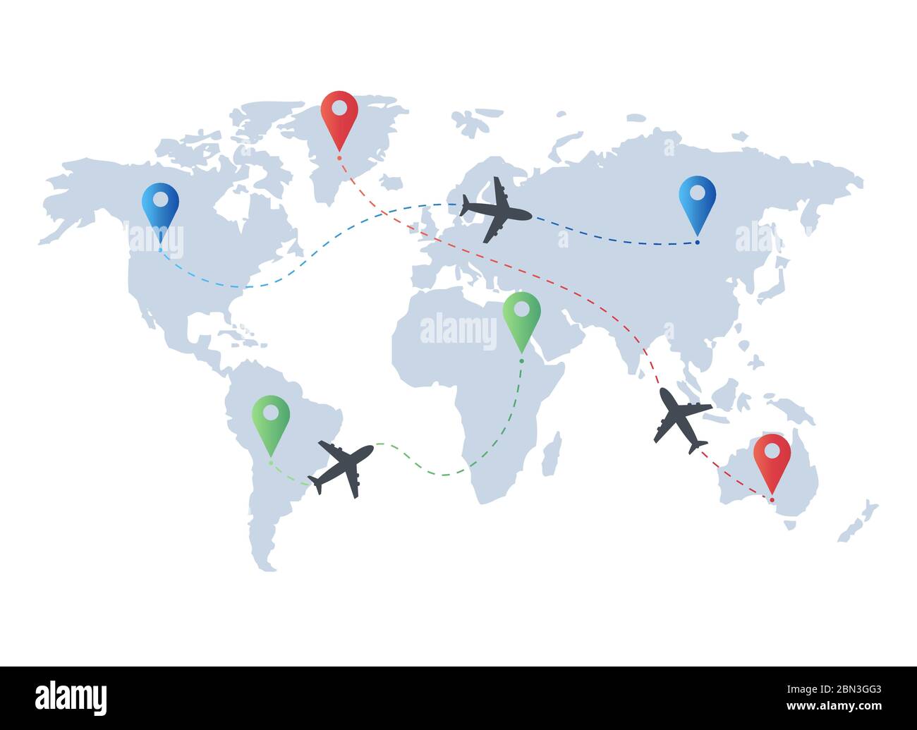 Itinerari aerei sulla mappa del mondo. Pista di aereo. Percorso di volo dell'aeromobile con linea tratteggiata. Illustrazione Vettoriale