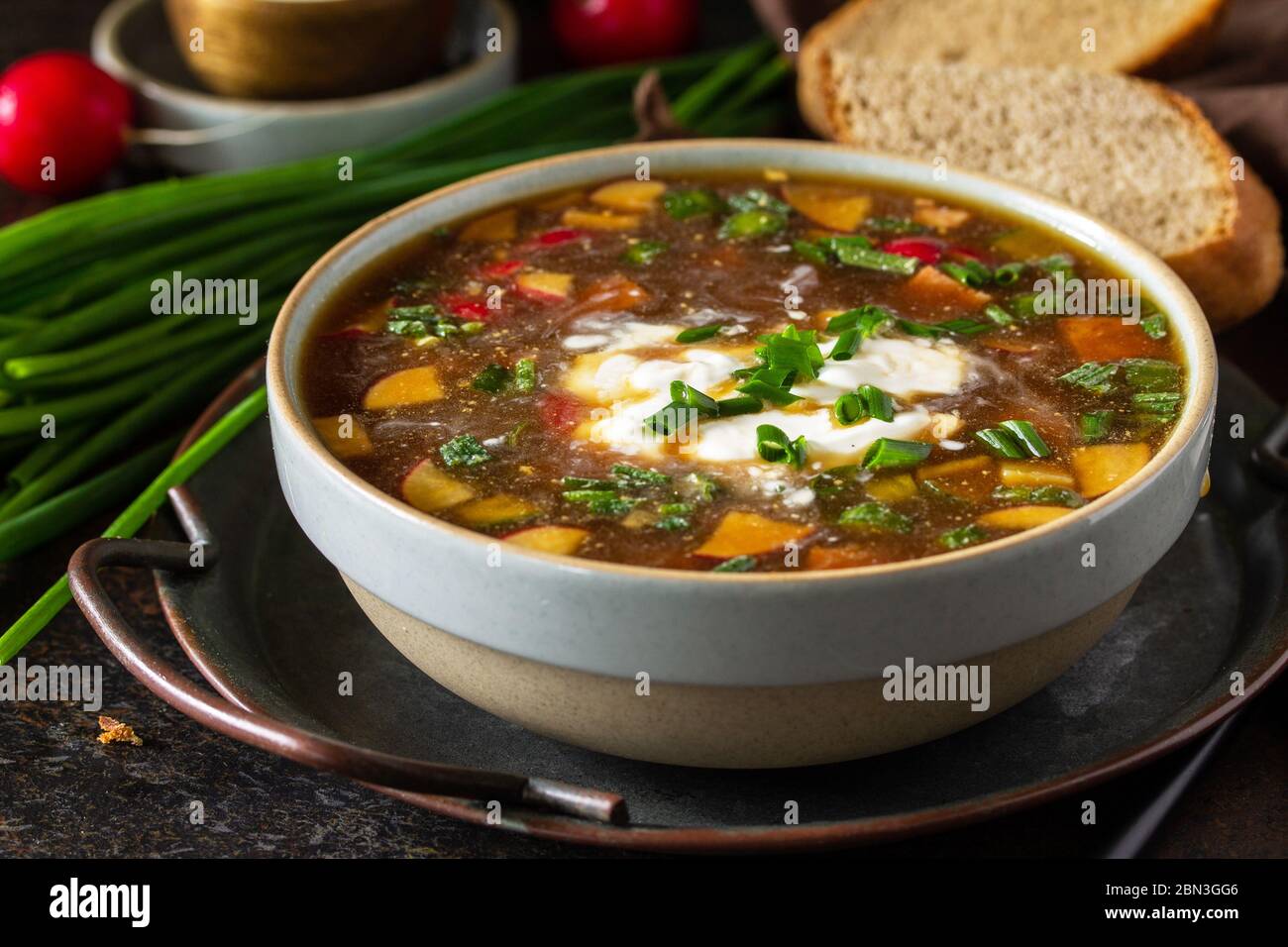Piatti tradizionali cucina russa. La fredda estate Okroshka zuppa primo piano con kvass, salsiccia e verdure in una ciotola su un piano di pietra scuro. Foto Stock