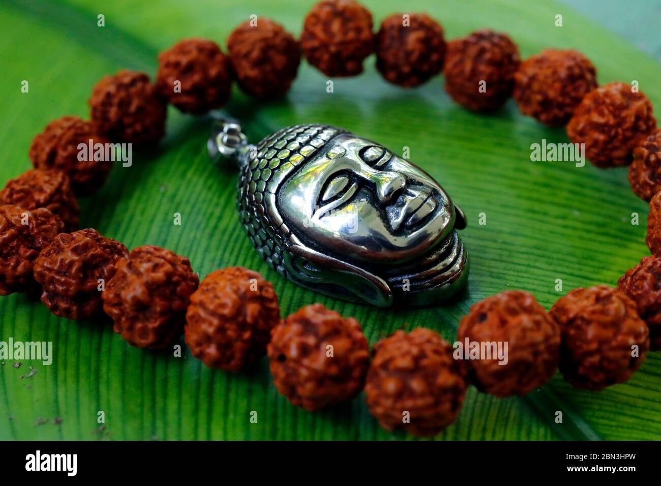 Medaglione di Buddha d'argento e perline di preghiera ( mala ) su un congedo verde. KEP. Cambogia. Foto Stock