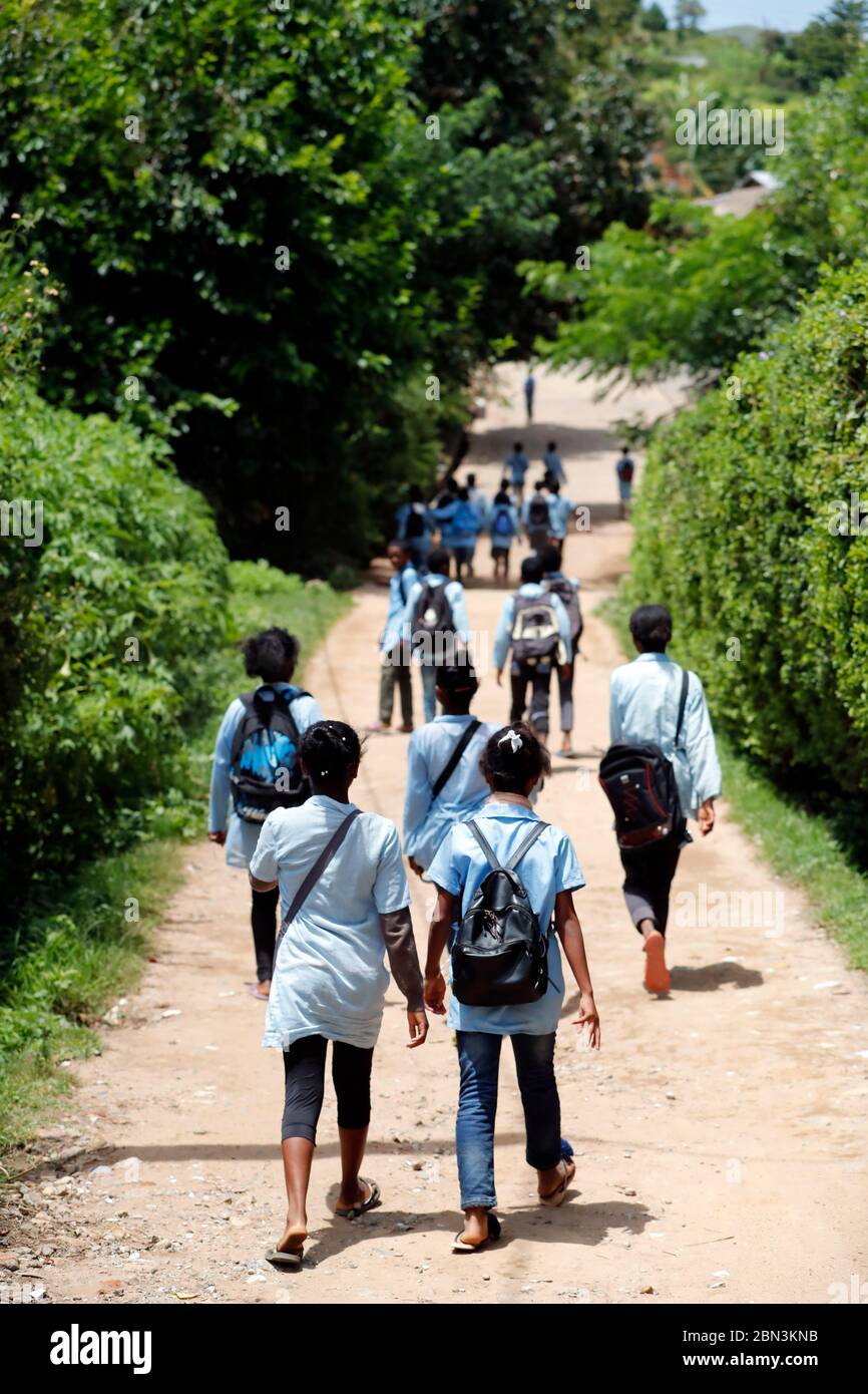 Ragazze sulla strada per la scuola. Madagascar. Foto Stock