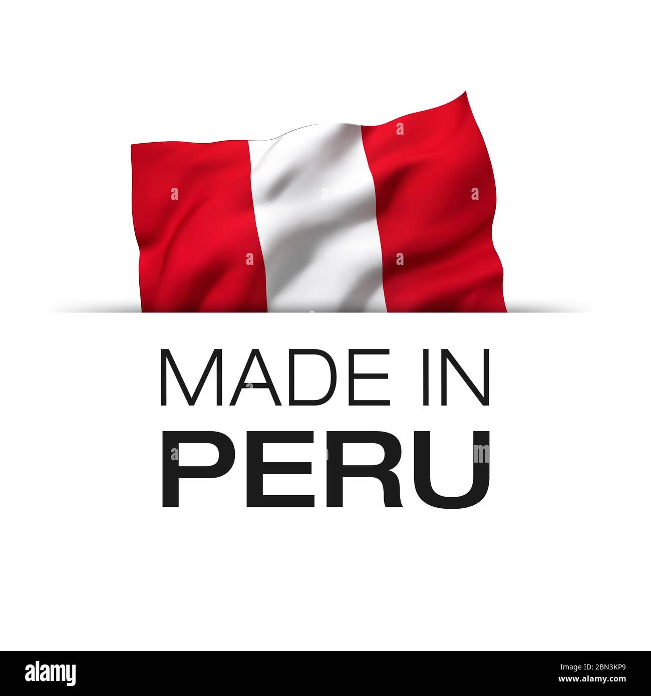 Made in Peru - etichetta di garanzia con bandiera peruviana ondulata. Illustrazione 3D. Foto Stock