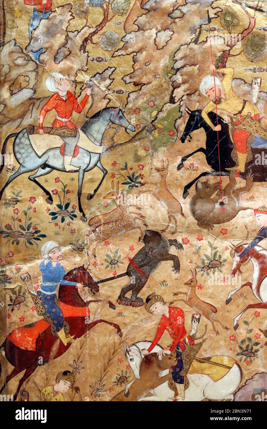 Museo delle Arti Islamiche. Ornamento artistico del manoscritto. Principi caccia a cavallo. Safavid iran. 16 ° secolo. Kuala Lumpur. Malesia. Foto Stock