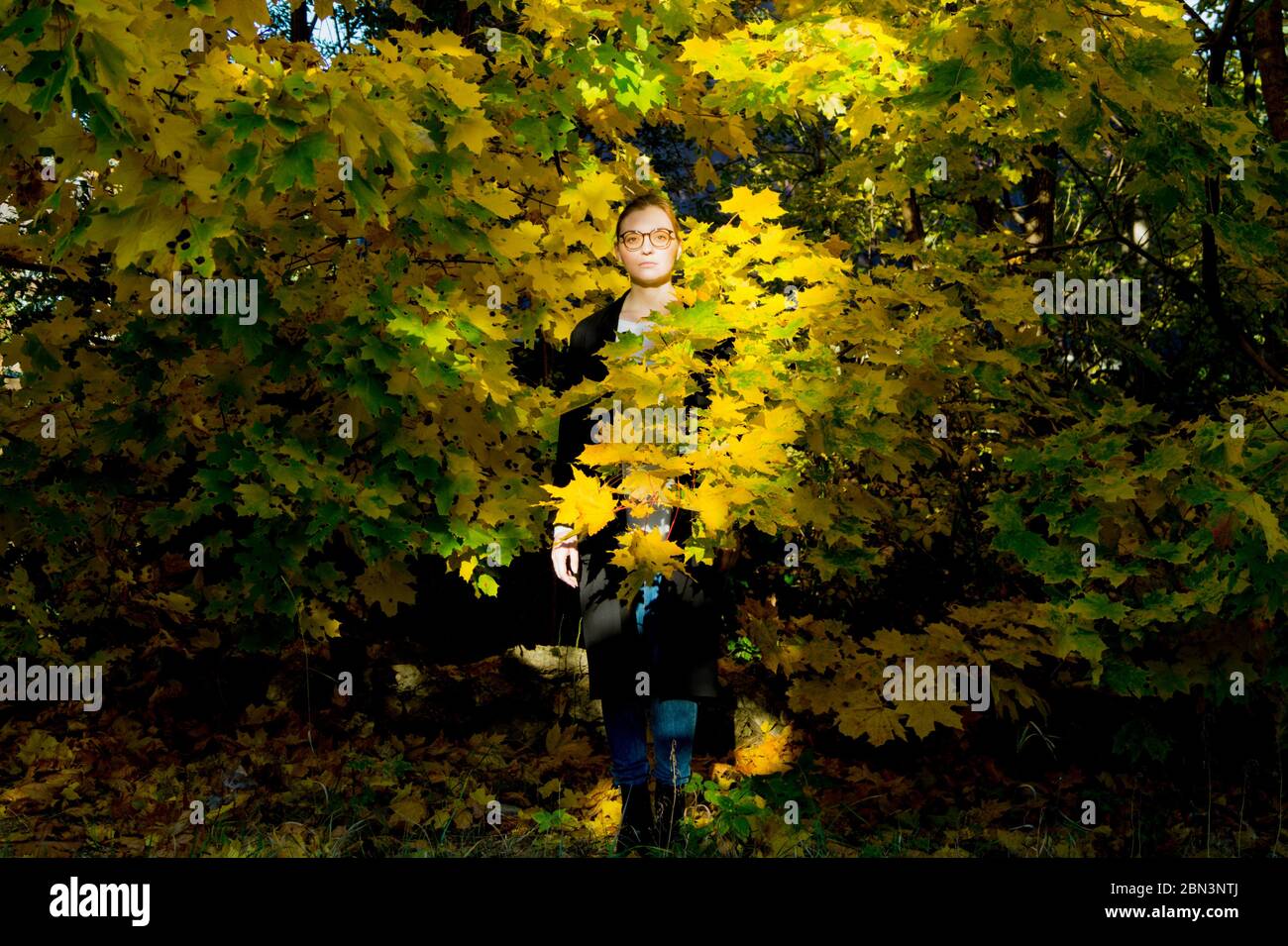 Una donna è in piedi tra il verde e giallo vivace fogliame aspetto triste e pensieroso. Con l'approccio dell'inverno è afffettata dall'ansia d'autunno. Foto Stock