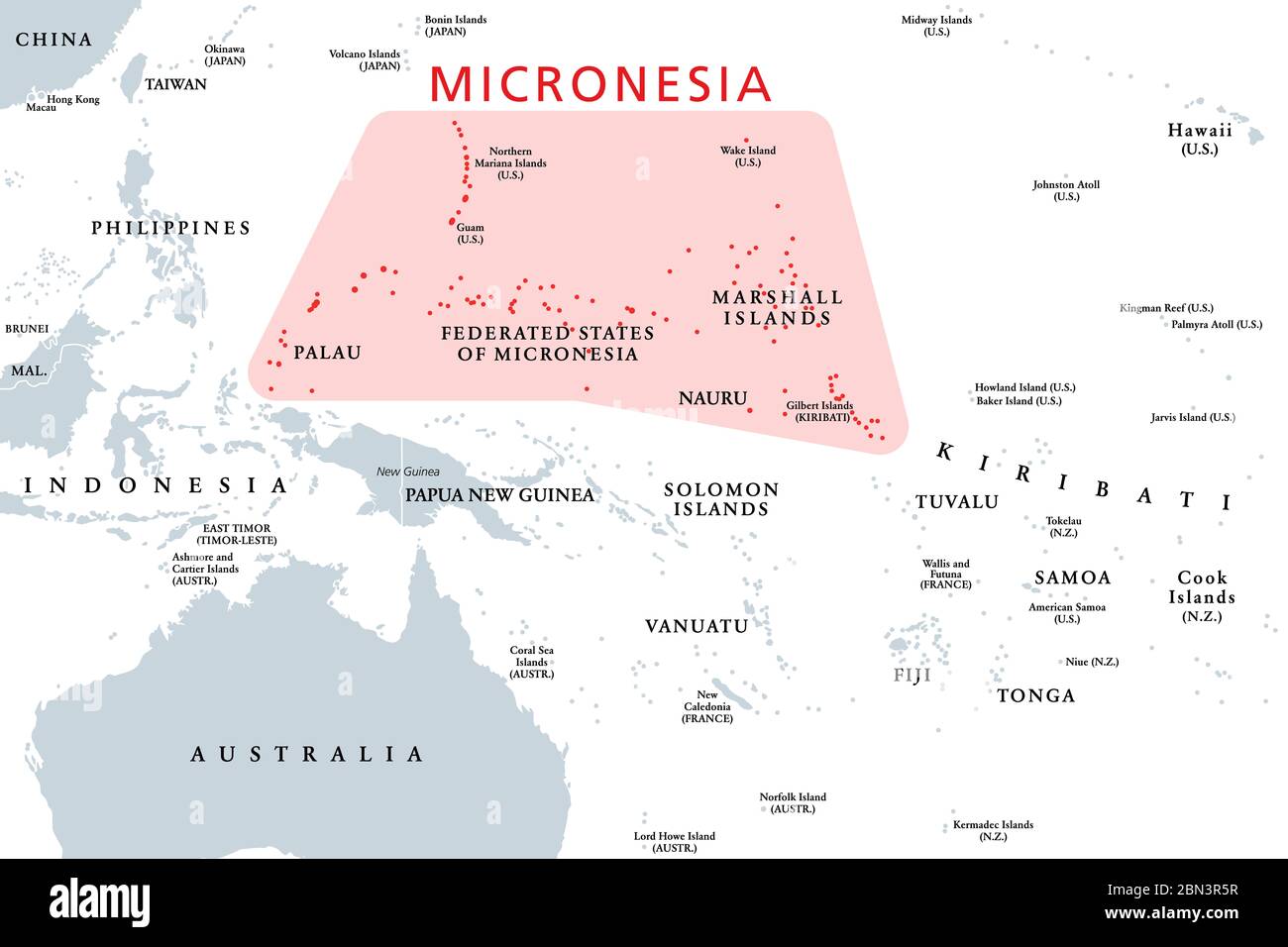 Micronesia, sottoregione dell'Oceania, mappa politica. Composto da migliaia di piccole isole nell'Oceano Pacifico occidentale vicino alla Polinesia e Melanesia. Foto Stock