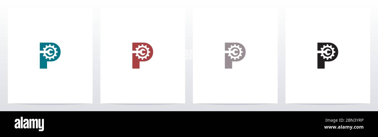 Chiave e ingranaggi sul logo Letter Design P Illustrazione Vettoriale